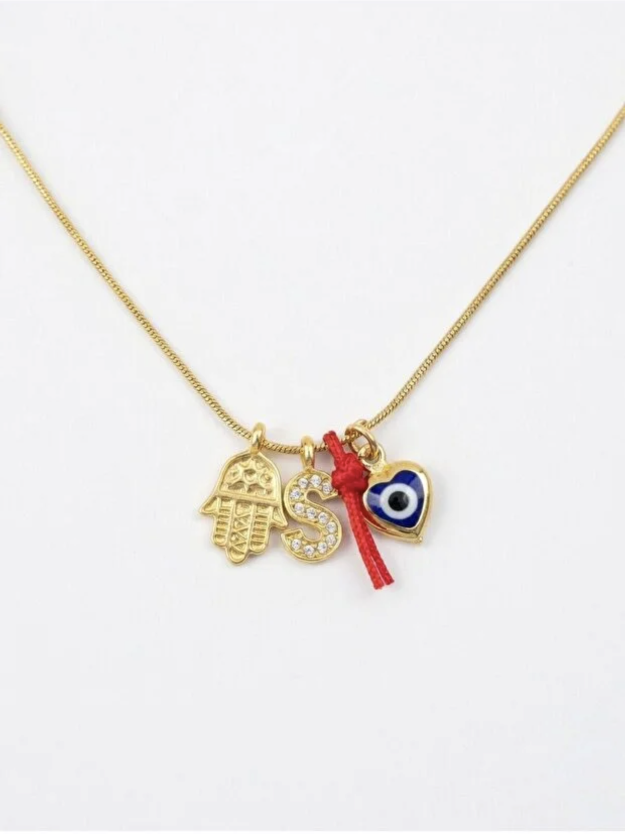  Hamsa Kalpli Nazar Boncuğu ve Taşlı Harf Charm Çelik Zincirli Kişiye Özel 45 cm Kadın Kolye